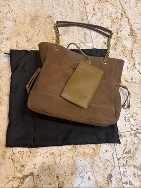 UNBRANDED Women's Brown Suede Tote Bag with Chain-Strap and Pouch